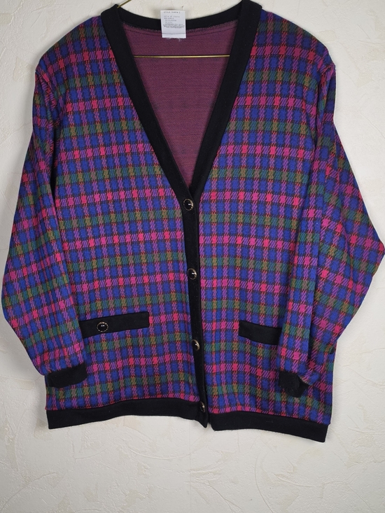 Miz California Sweaters - Vtg 80s 90s Purple Pink & Green Cardigan by Miz California Preppy Size Medium